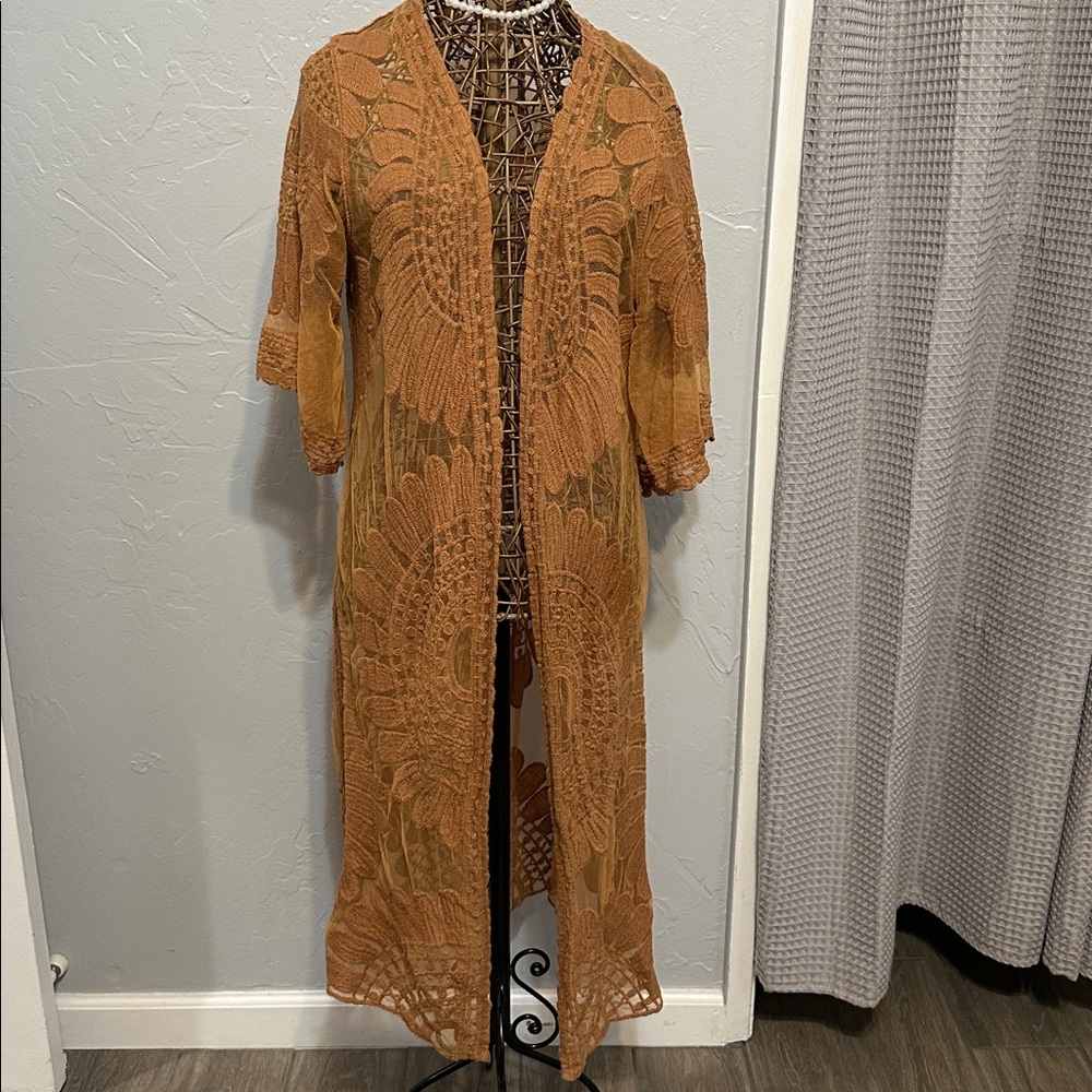 Rebellion Lace Longline Jacket in Orange. Size Medium. Cover up, shawl.